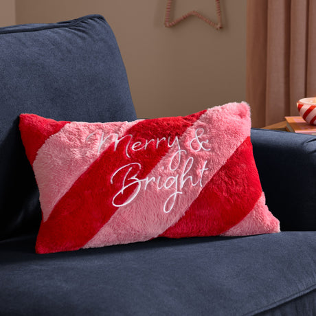 Merry & Bright Striped Faux Fur Cushion - Red/Pink