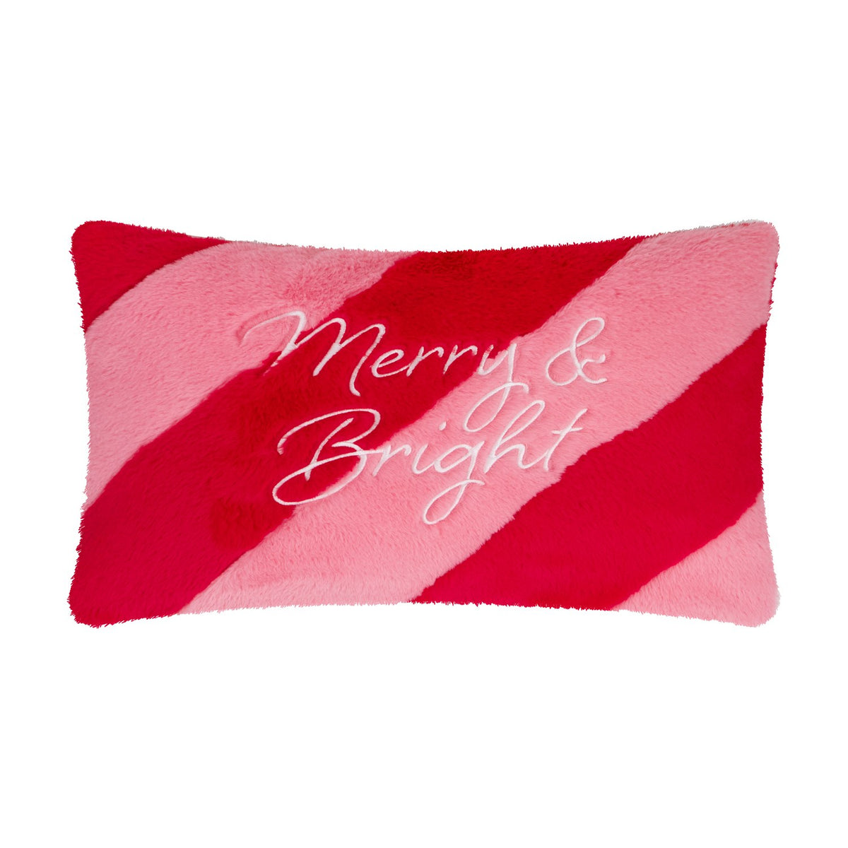 Rectangular faux fur cushion in diagonal red and pink stripes with "Merry & Bright" embroidered in white script across the plush pile front, shown on a plain white background.