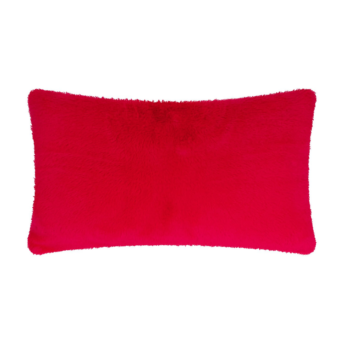 Rectangular red faux fur cushion, 30 x 50cm, plush pile fabric shown on a plain white background, from the Merry & Bright Striped Faux Fur Cushion set.