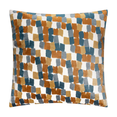 Square jacquard velvet cushion with a geometric block pattern in ginger, teal, denim blue and mustard on a cream ground, shown on a plain white background.