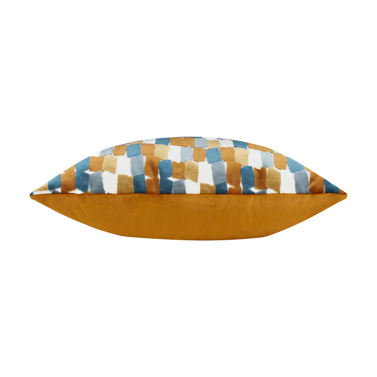 Ginger velvet cushion with a geometric block-patterned front in teal, denim, grey and mustard on cream, plain ginger velvet back, shown against a white background.