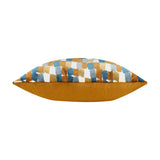 Ginger velvet cushion with a geometric block-patterned front in teal, denim, grey and mustard on cream, plain ginger velvet back, shown against a white background.