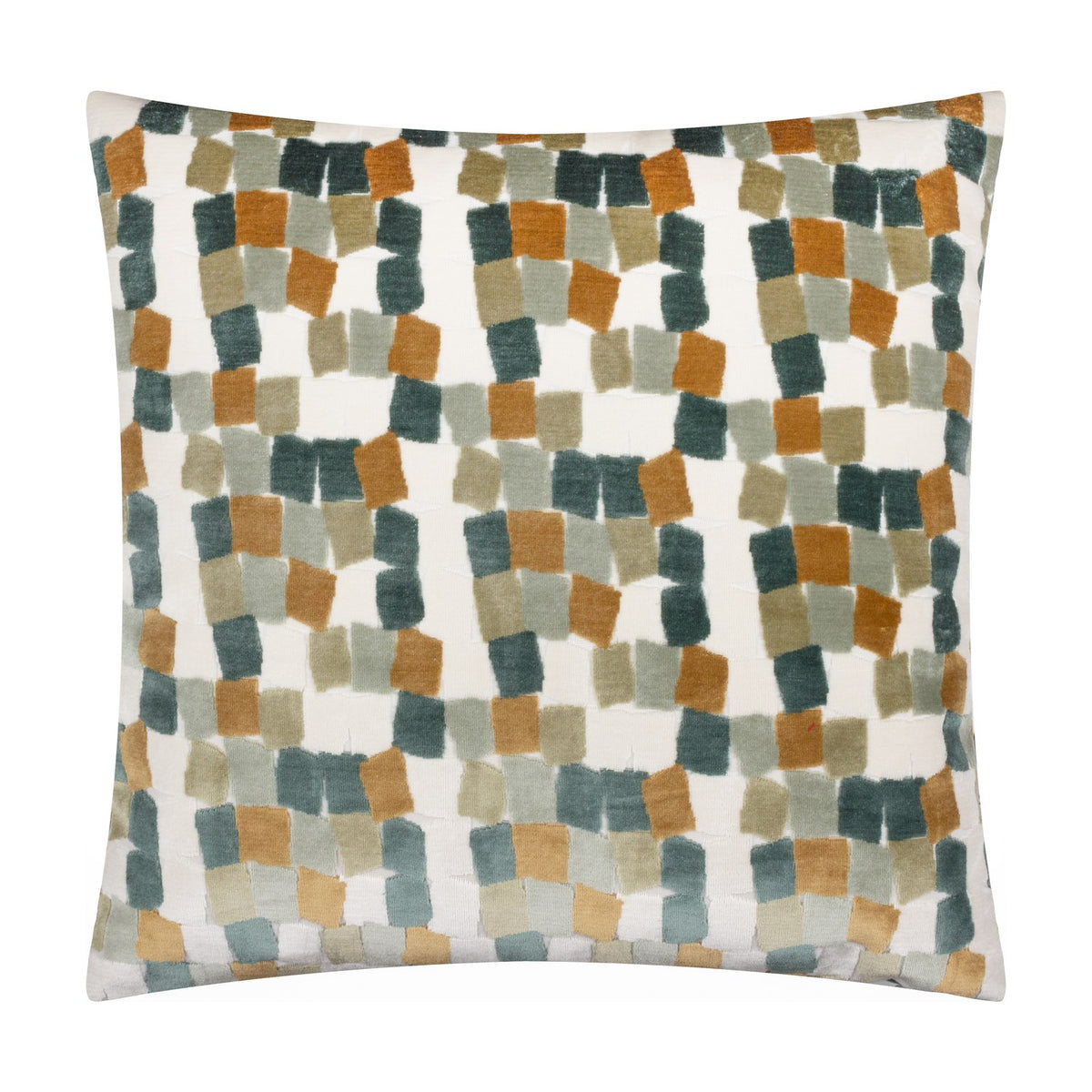 Metro Blocks Jacquard Velvet Cushion in green, featuring an abstract block pattern in teal, rust-amber and ochre on a cream ground, shown on a plain white background.