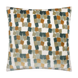 Metro Blocks Jacquard Velvet Cushion in green, featuring an abstract block pattern in teal, rust-amber and ochre on a cream ground, shown on a plain white background.