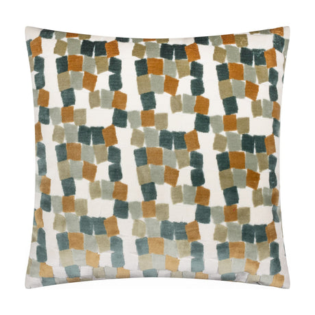 Metro Blocks Jacquard Velvet Cushion in green, featuring an abstract block pattern in teal, rust-amber and ochre on a cream ground, shown on a plain white background.