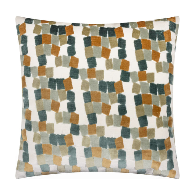 Metro Blocks Jacquard Velvet Cushion in green, featuring an abstract block pattern in teal, rust-amber and ochre on a cream ground, shown on a plain white background.