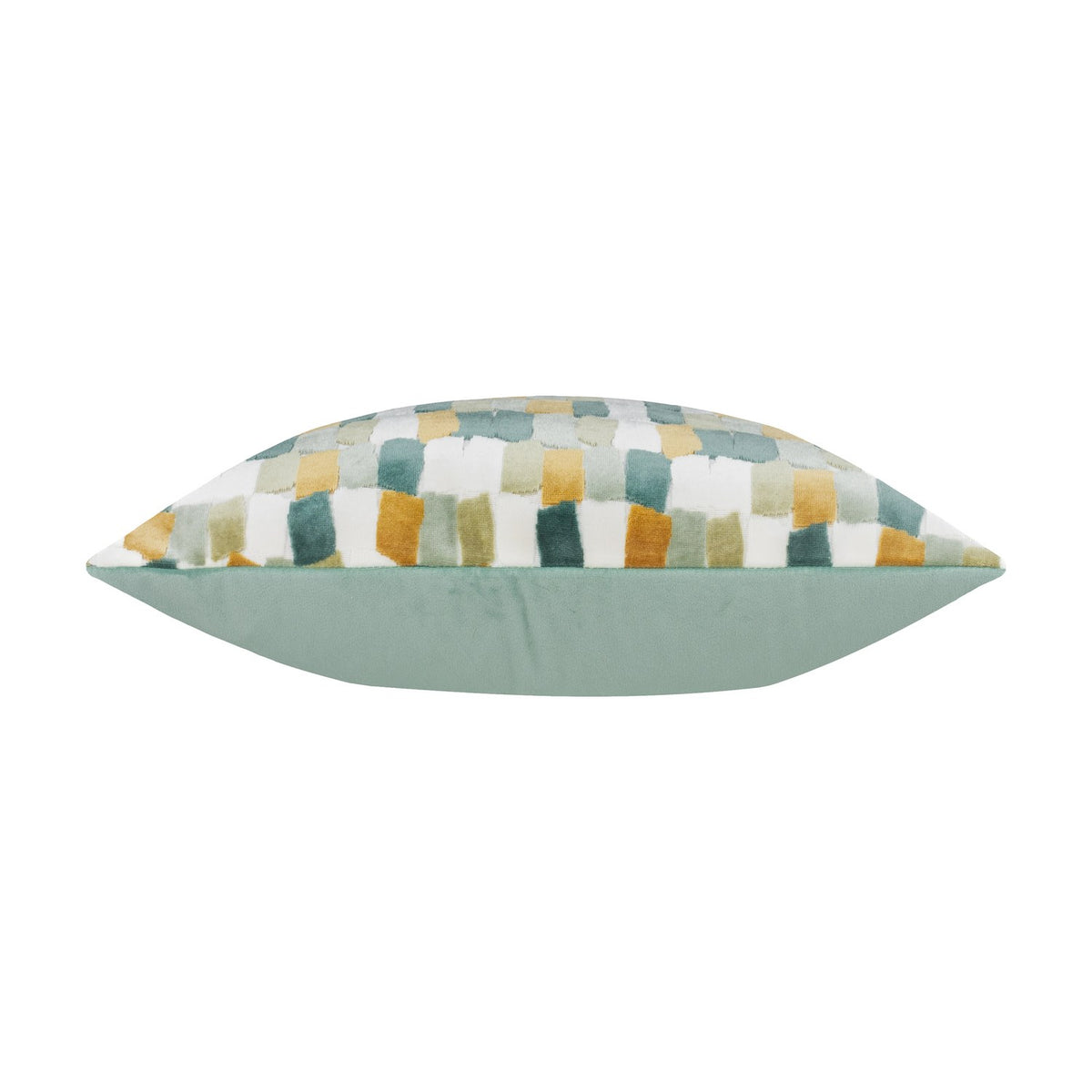 Metro Blocks Jacquard Velvet Cushion in green shown side-on, revealing its abstract block-patterned front in teal, ochre and cream against a plain sage velvet reverse.