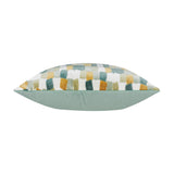 Metro Blocks Jacquard Velvet Cushion in green shown side-on, revealing its abstract block-patterned front in teal, ochre and cream against a plain sage velvet reverse.