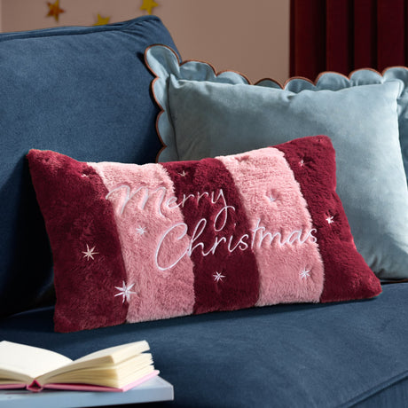 Merry Christmas Plain Faux Fur Cushion - Burgundy/Pink