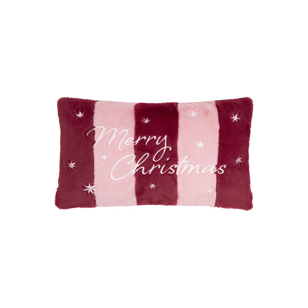 Rectangular faux fur cushion in burgundy and pink stripes, embroidered "Merry Christmas" text with small stars, on a plain white background.