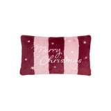 Rectangular faux fur cushion in burgundy and pink stripes, embroidered "Merry Christmas" text with small stars, on a plain white background.