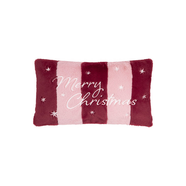 Rectangular faux fur cushion in burgundy and pink stripes, embroidered "Merry Christmas" text with small stars, on a plain white background.