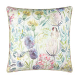 Square 45x45cm cushion with hand-painted watercolour garden birds design, featuring a goldfinch and songbird among cornflowers, thistles and foliage on a cotton linen blend, plain white background.
