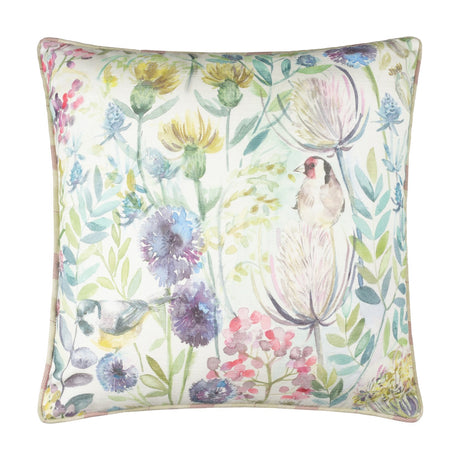 Square 45x45cm cushion with hand-painted watercolour garden birds design, featuring a goldfinch and songbird among cornflowers, thistles and foliage on a cotton linen blend, plain white background.