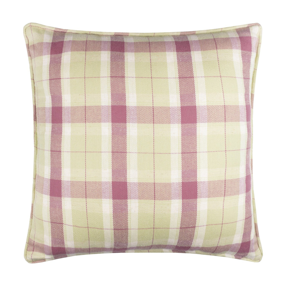 Square plaid cushion in green, cream, and pink woven check with matching piped edge, shown on a plain white background.