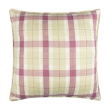 Square plaid cushion in green, cream, and pink woven check with matching piped edge, shown on a plain white background.