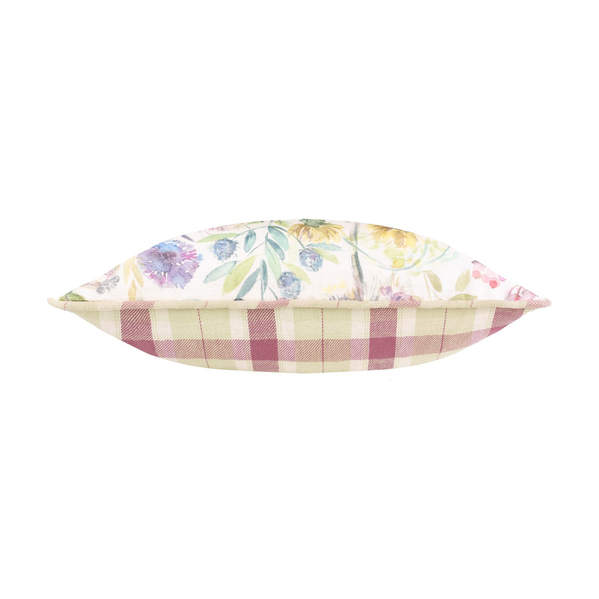 Side view of the Morning Chorus Linen Cotton Cushion in Elderberry, showing floral watercolour fabric on one side and pink and green check on the reverse, plain white background.
