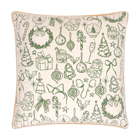 Square ecru velvet cushion with dark green embroidered Christmas motifs—baubles, wreaths, candy canes, trees and Santas—finished with gold piped trim, shown on a white background.