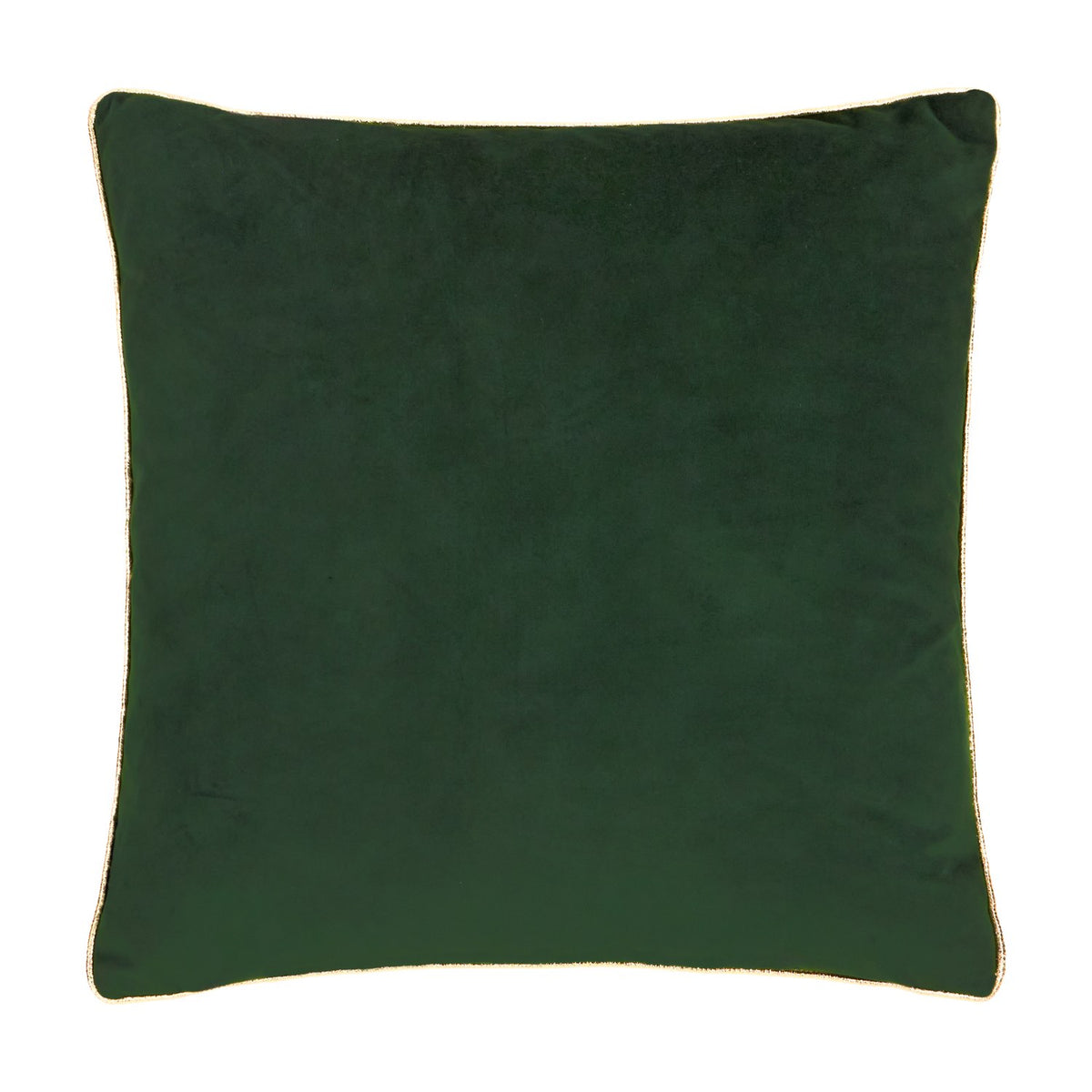 Reverse view of the Merry Christmas Embroidered Velvet Cushion in dark green with a gold piped trim edge, shown on a plain white background.
