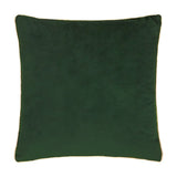Reverse view of the Merry Christmas Embroidered Velvet Cushion in dark green with a gold piped trim edge, shown on a plain white background.