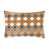 Metro Diamond Jacquard Velvet Cushion, a rectangular cushion in ginger-orange with a diamond grid pattern in teal, dusty blue, gold and cream velvet, shown on a plain white background.