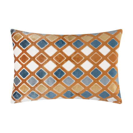 Metro Diamond Jacquard Velvet Cushion, a rectangular cushion in ginger-orange with a diamond grid pattern in teal, dusty blue, gold and cream velvet, shown on a plain white background.