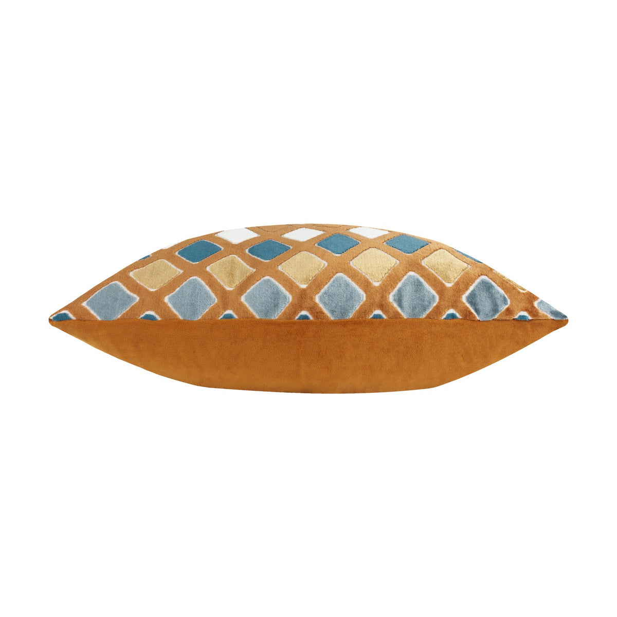 Metro Diamond jacquard velvet cushion shown side-on, with a ginger-orange ground and a diamond pattern in teal, dusty blue, gold and cream, set against a plain white background.
