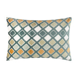 Metro Diamond Jacquard Velvet Cushion in green, rectangular with a diagonal diamond pattern in teal, orange, sage and cream velvet, shown on a plain white background.