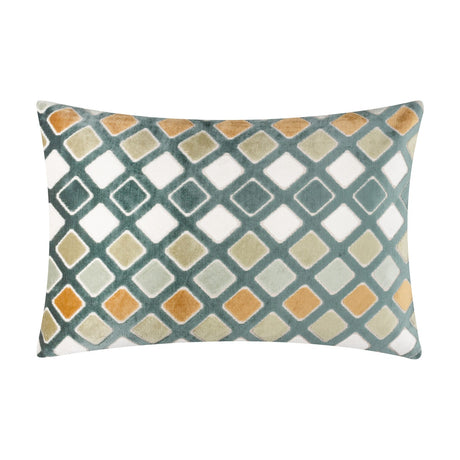 Metro Diamond Jacquard Velvet Cushion in green, rectangular with a diagonal diamond pattern in teal, orange, sage and cream velvet, shown on a plain white background.