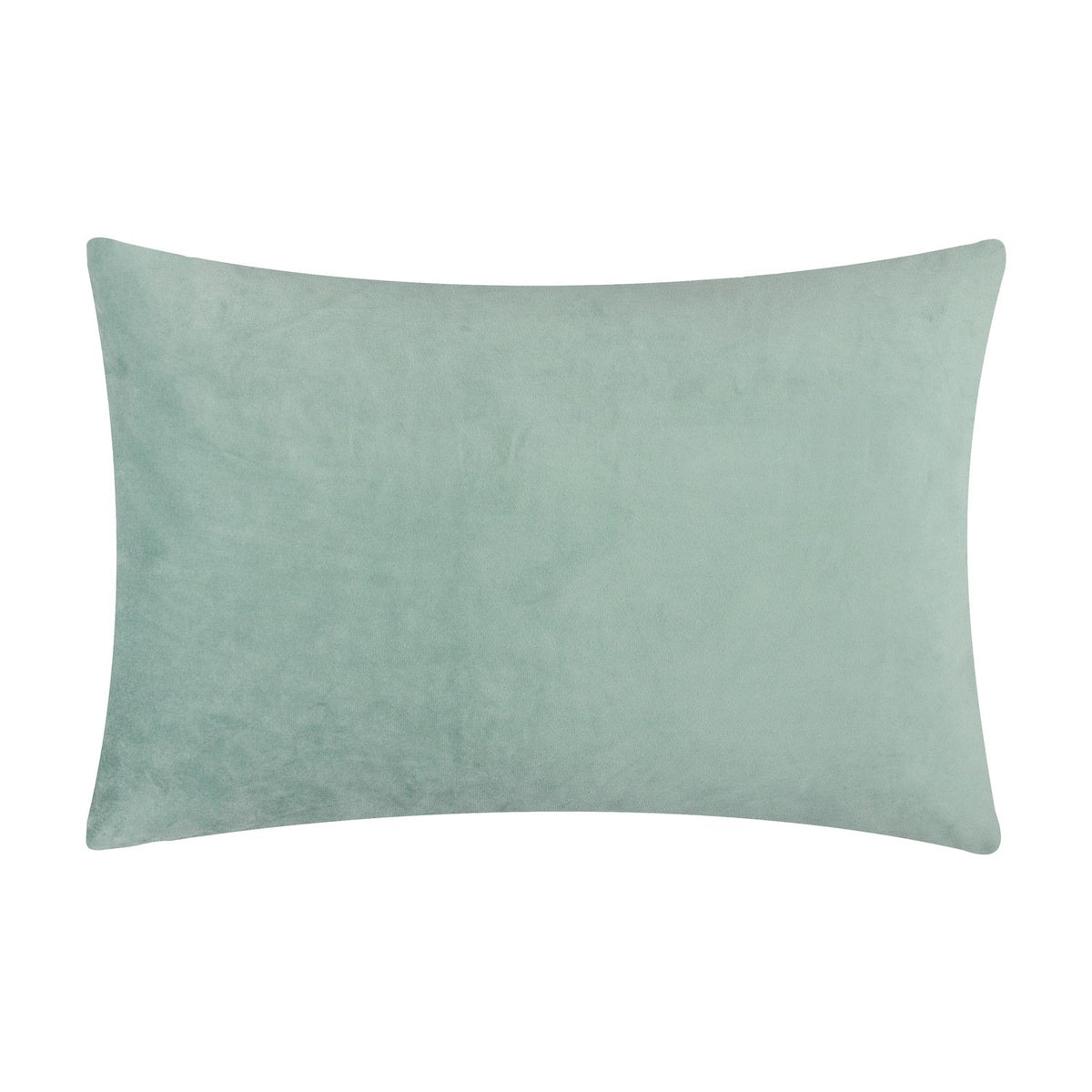 Metro Diamond Jacquard Velvet Cushion in green, shown reverse side with plain smooth sage velvet fabric, rectangular shape, against a plain white background.