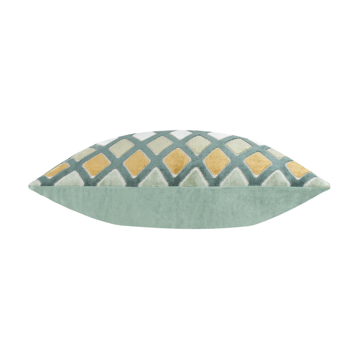 Side view of the Metro Diamond Jacquard Velvet Cushion, showing teal-green diamond pattern with orange and cream accents on the front and plain sage velvet on the reverse, against a white background.