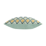 Side view of the Metro Diamond Jacquard Velvet Cushion, showing teal-green diamond pattern with orange and cream accents on the front and plain sage velvet on the reverse, against a white background.