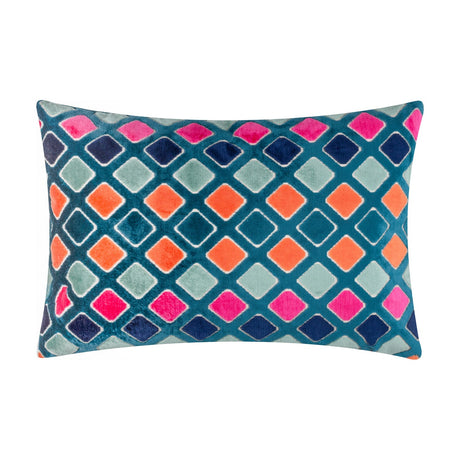 Rectangular jacquard velvet cushion with a teal ground and a repeating diamond grid pattern in pink, orange, navy and pale sage, shown on a plain white background.