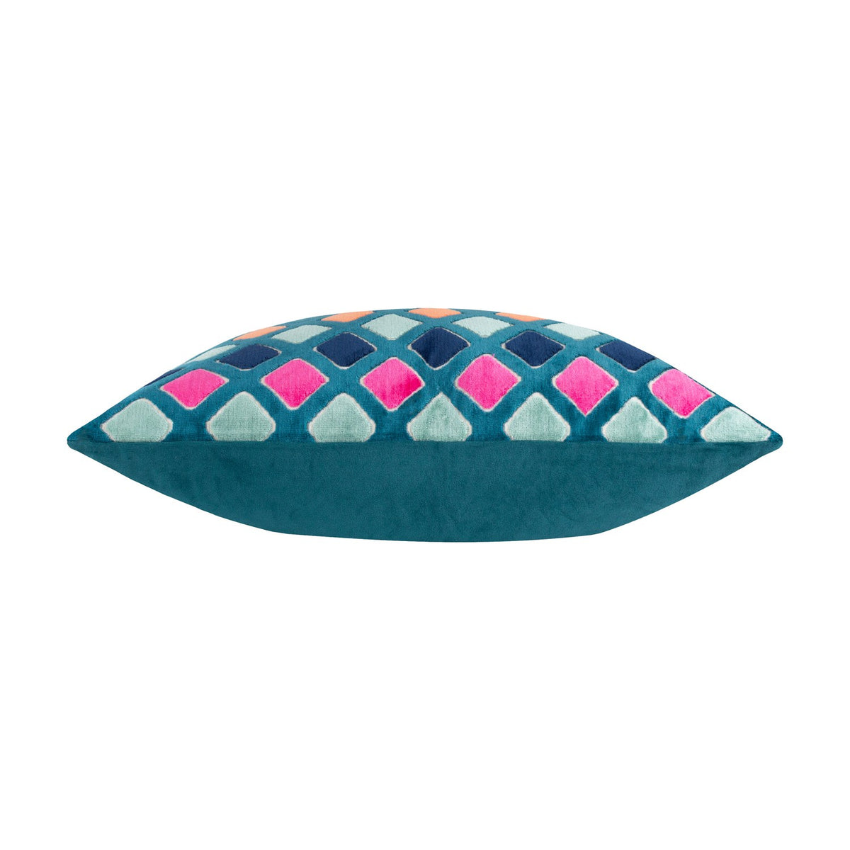 Metro Diamond Jacquard Velvet Cushion shown side-on, revealing its plump shape with a teal diamond-patterned front in pink, orange, navy and sage, and a plain teal velvet back.