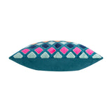 Metro Diamond Jacquard Velvet Cushion shown side-on, revealing its plump shape with a teal diamond-patterned front in pink, orange, navy and sage, and a plain teal velvet back.