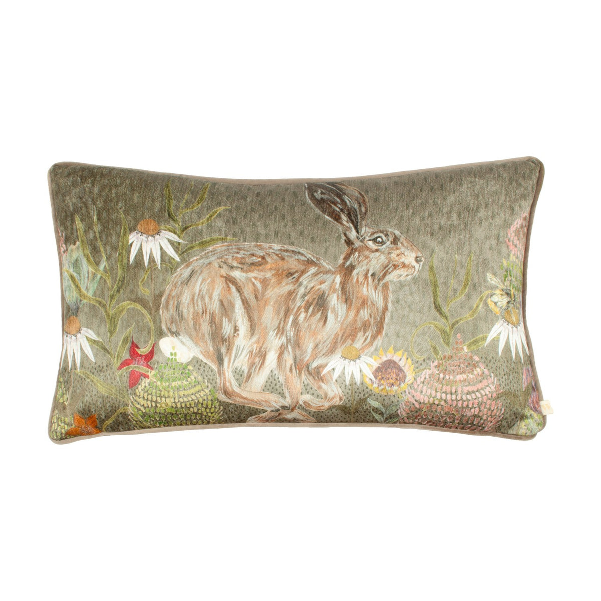 Meadow Bloom Animal Chenille Cushion in sage green, rectangular bolster shape with a printed hare amid wildflowers, shown on a plain white background.