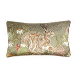 Meadow Bloom Animal Chenille Cushion in sage green, rectangular bolster shape with a printed hare amid wildflowers, shown on a plain white background.