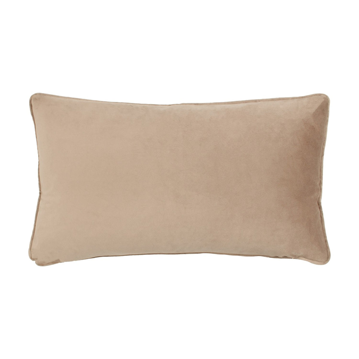Rectangular bolster cushion in plain beige chenille fabric with piped edging, shown from the reverse side against a white background.