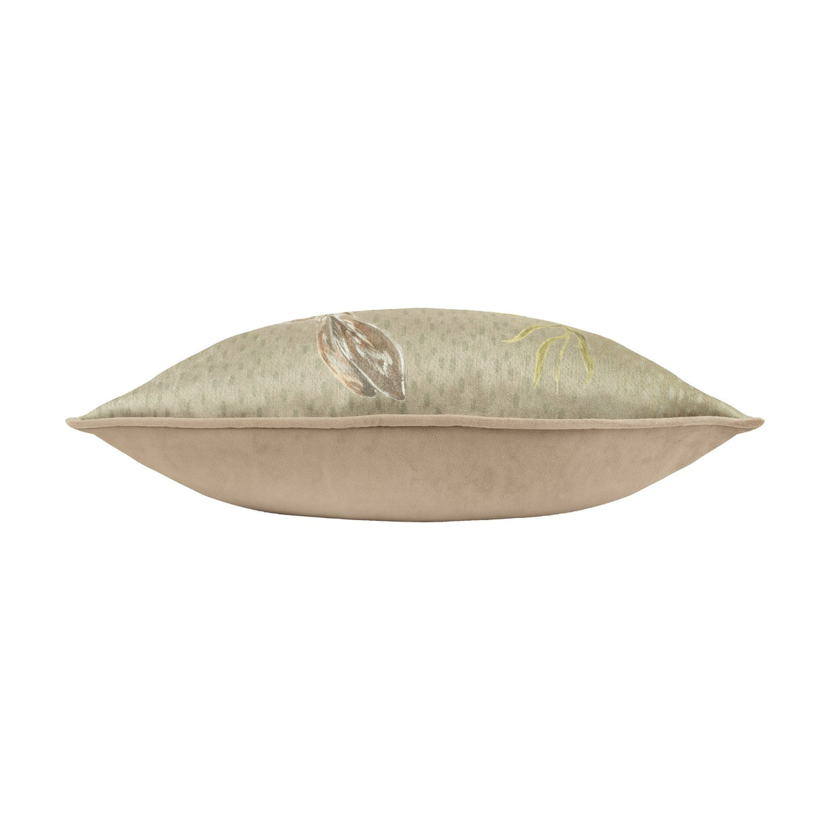 Side view of the sage Meadow Bloom Animal Chenille Cushion, a bolster-shaped cushion with printed hare and floral motifs and beige velvet piping, on a white background.