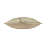 Side view of the sage Meadow Bloom Animal Chenille Cushion, a bolster-shaped cushion with printed hare and floral motifs and beige velvet piping, on a white background.