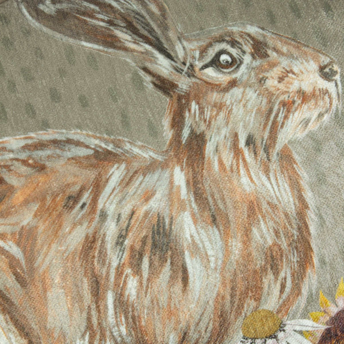 Close-up of the Meadow Bloom Animal Chenille Cushion in sage, showing a printed hare's head and shoulders in brown and cream tones on textured chenille fabric.