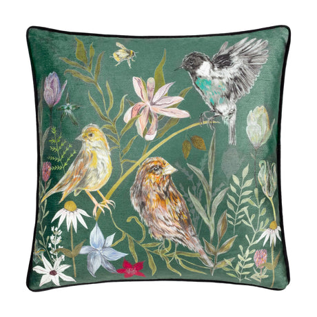 Meadow Bloom Animal Chenille Cushion in teal, square 43 x 43cm, with hand-painted birds, a bee and wildflowers on a deep green chenille fabric face, shown on a plain white background.