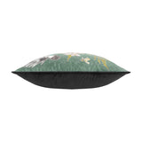 Side view of the Meadow Bloom Animal Chenille Cushion in teal, showing the plump chenille front with painted bird and floral details against a solid black reverse, on a plain white background.