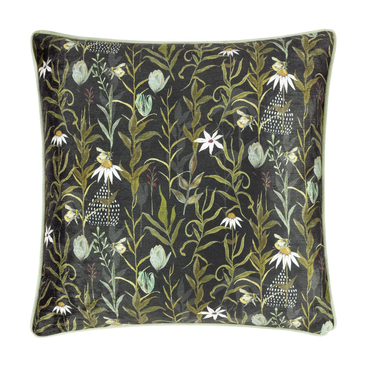 Square multicolour chenille cushion with pale green piping, featuring a dense botanical print of leaves, daisies, bees and sage buds on a near-black ground.
