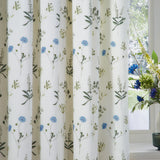 Meadow Floral cotton pencil pleat curtains in white with cornflower-blue blooms and green foliage, shown pleated by a window beside a vase of matching flowers.