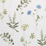 Meadow Floral Cotton Pencil Pleat Curtains fabric close-up in white with cornflower-blue blooms, green leaves and trailing stems on a plain woven cotton ground.