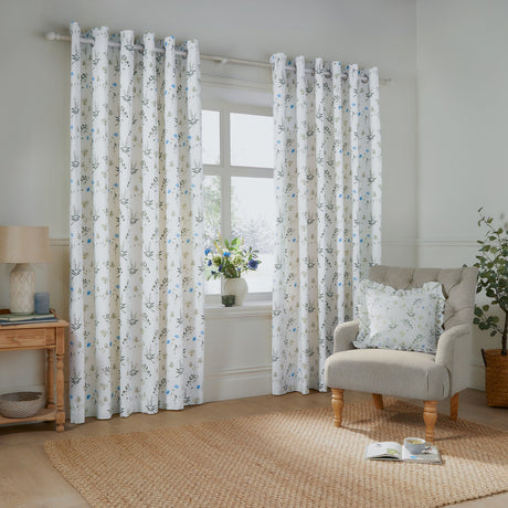 Meadow Cotton Lined Eyelet Curtains - White/Cornflower