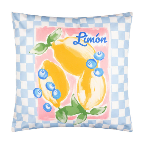 Square Mediterranean Limon cushion with a pink centre panel of painted lemons, blueberries and leaves, "Limón" lettering, bordered by a sky blue and white checkerboard print.