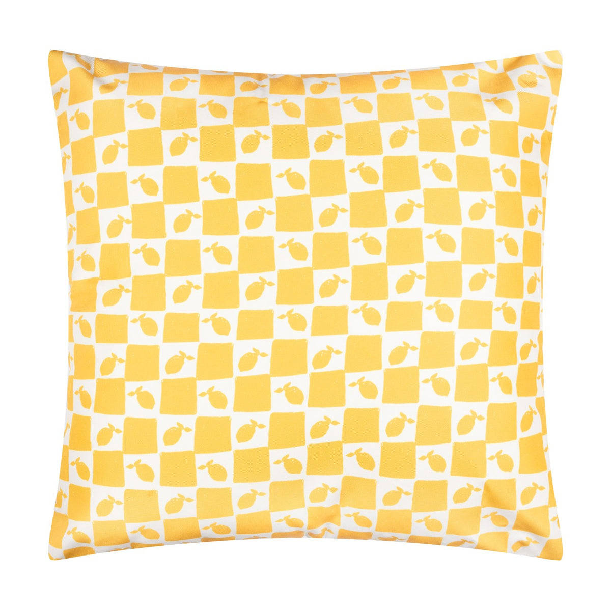 Square cushion in a yellow and white checkerboard pattern with small lemon motifs, shown reverse side up on a plain white background.