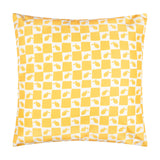 Square cushion in a yellow and white checkerboard pattern with small lemon motifs, shown reverse side up on a plain white background.